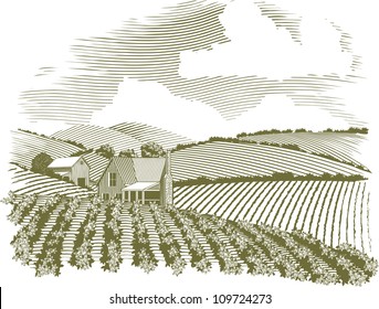 Woodcut style illustration of a rural farm house with fields of crops surrounding it.