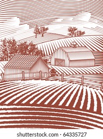 Woodcut Style Illustration Of A Rural Farm Scene.