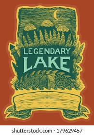 Woodcut style illustration of a rustic label about legendary creatures. This file is layered to allow easier editing.