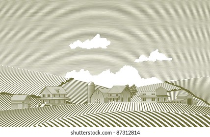 Woodcut style illustration of a small rural village.