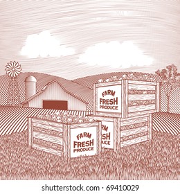 Woodcut style illustration of a stack of produce crates sitting in front of a barn.