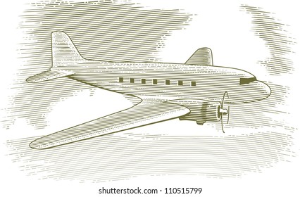 Woodcut Style Illustration Of A Vintage Airplane With Clouds In The Background.