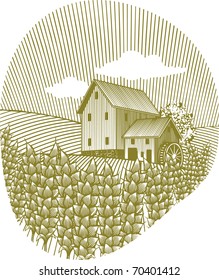 Woodcut Style Illustration Of A Wheat Field With A Water Mill In The Background.