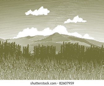 Woodcut style illustration of a wilderness scene.