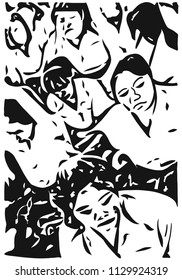 Woodcut style image of crowded women are sitting on the floor.