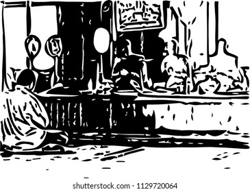 Woodcut style image of hand holding smartphone on black background.