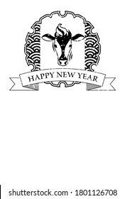 Woodcut style new year card for 2021 cow vector illustration material