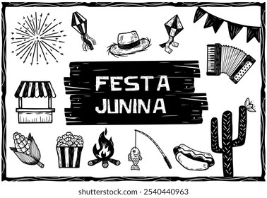 Conjunto em estilo Woodcut de ícones da Festa Junina, incluindo fogueira, milho, acordeão, fogos de artifício e muito mais. Celebra a cultura tradicional brasileira do festival de junho