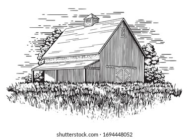 Woodcut-style illustration of a barn with a field of grass in front of it.
