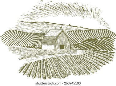 Woodcut-style illustration of a barn with rolling farm hills in the background and foreground. A dirt road leads to the barn past a hay field.