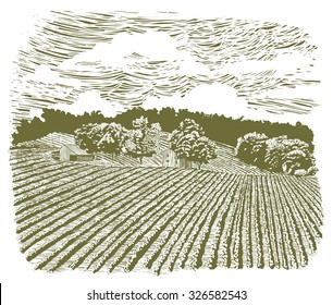 Woodcut-style illustration of a barn scene.