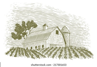 Woodcut-style illustration of a barn scene with a silo.