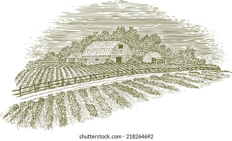 Woodcut-style illustration of a country road passing by a barn and fields.