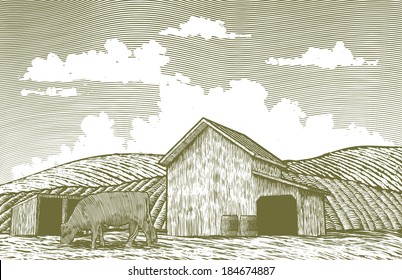 A woodcut-style illustration of a cow grazing in a barn yard.