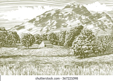 Woodcut-style illustration of a farm and barn with a mountain in the background.
