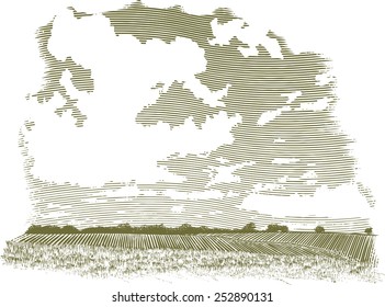 Woodcut-style illustration of a farm landscape with clouds in the background.