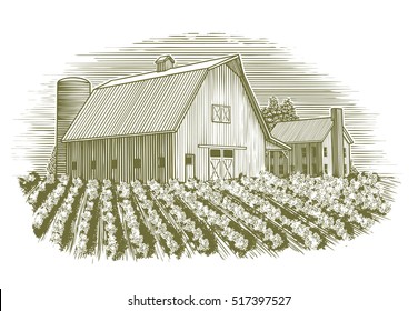 Woodcut-style illustration of a farm scene with a barn in the foreground and a farm house in the background.