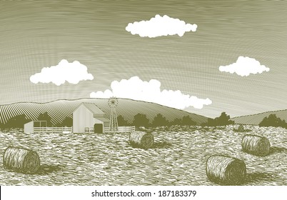 Woodcut-style illustration of a farm scene with round bales of hay.