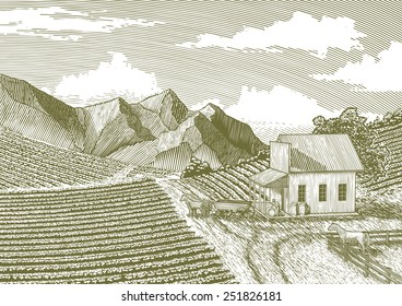 Woodcut-style illustration of a feed store with mountains in the background.