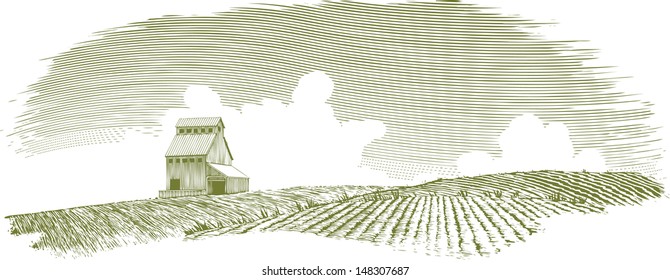 Woodcut-style illustration of a grain elevator in a landscape scene.