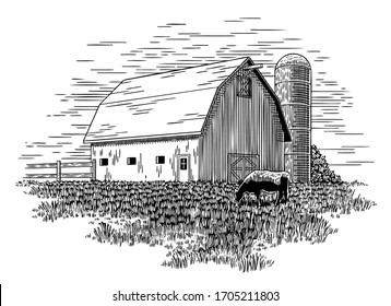 Woodcut-style illustration of a grazing in front of an old cow barn.