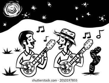 Ilustración al estilo Woodcut de guitarristas de los festivales de São João. Cantantes brasileños con un paisaje del noreste. Literatura de Cactus y Cordel.