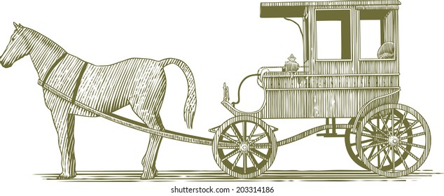 Woodcut-style Illustration Of A Horse And Buggy.