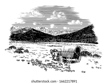 Woodcut-style illustration of a horse-drawn wagon heading west towards the mountains.