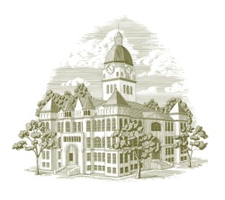 Woodcut-style Illustration Of The Jasper County Courthouse In Carthage, Missouri.