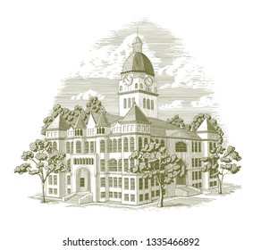 Woodcut-style illustration of the Jasper County courthouse in Carthage, Missouri.