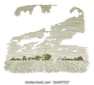 Woodcut-style Illustration Of A Kansas Farm And Field.