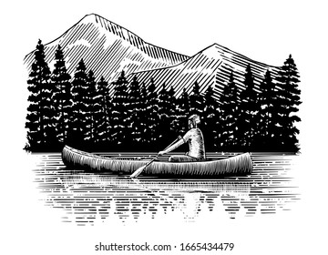 Woodcut-style illustration of a man canoeing with trees and mountains in the background.