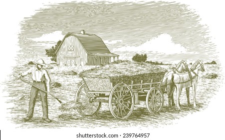 Woodcut-style illustration of a man loading hay on to a horse-drawn cart with a barn in the background.