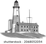 Woodcut-style illustration of Montauk Point Lighthouse on Long Island New York.