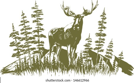 Woodcut-style illustration of a moose with trees and mountains in the background.