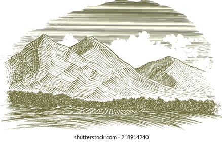 Woodcut-style illustration of a mountain scene.