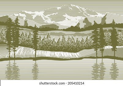 Woodcut-style illustration of a mountain wilderness scene.