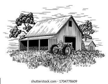 Woodcut-style Illustration Of An Old Farm Tractor Sitting In Front Of A Barn.