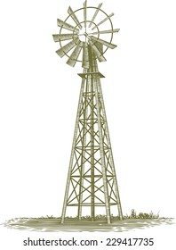 Woodcut-style illustration of an old farm windmill.