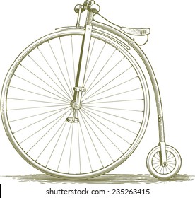 Woodcut-style illustration of a penny farthing.