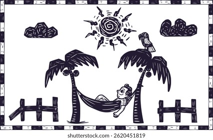 Woodcut-style illustration of a person relaxing in a hammock between palm trees under the sun, with a parrot perched above — a peaceful tropical escape.