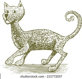 Woodcut-style illustration of a spooked cat.