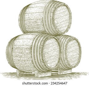 Woodcut-style illustration of a stack of wooden barrels.