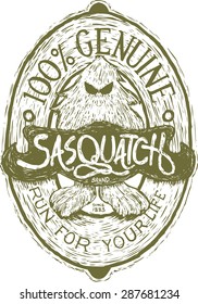 Woodcut-style label featuring an illustration of a sasquatch. Lettering is on a separate layer for editing.