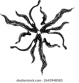 Woodcut-Style Sun Figure with Radiating Tentacles 
