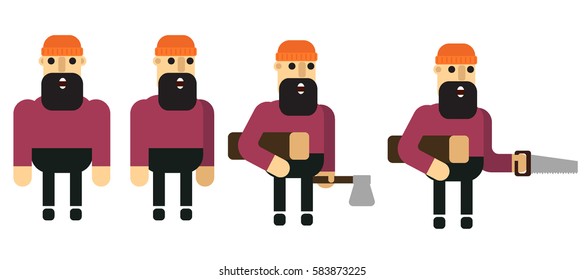 Woodcutter with an ax and saw isolated on white flat vector illustration.