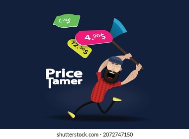 A woodcutter with an axe cuts price tags for goods