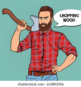Woodcutter with Beard and Axe. Lumberjack Worker. Pop Art vintage vector illustration