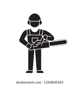 Woodcutter with chainsaw black vector concept icon. Woodcutter with chainsaw flat illustration, sign