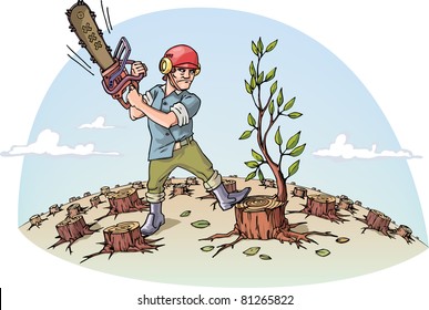 The woodcutter with the chainsaw is cutting the last tree in a forest.